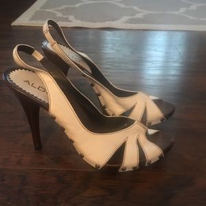 Aldo heels, size 8.  Wood base and white leather